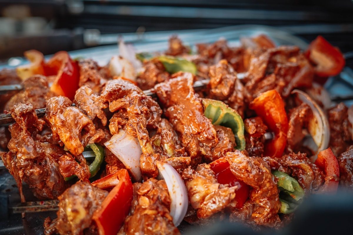 Freshly marinated meat skewers with peppers and onions from the meat counter at Leduc Meat & Grill, Leduc Alberta