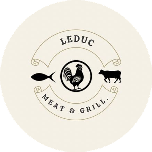 Leduc Meat & Grill logo — rooster, fish and cattle emblem
