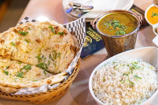 Fresh garlic naan, dal and basmati rice at Leduc Meat & Grill in Leduc, Alberta
