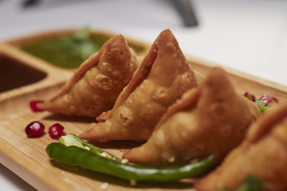 Vegetable samosas served with chutney at Leduc Meat & Grill, Leduc Alberta